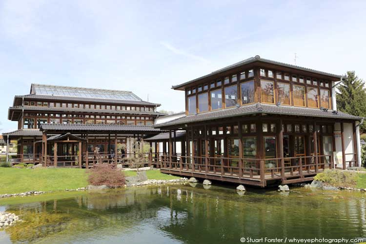 Pavilions by the ornamental pond in Kofuku No Niwa (The Garden of Bliss), the Japanese Garden in Bad Langensalza, Germany.