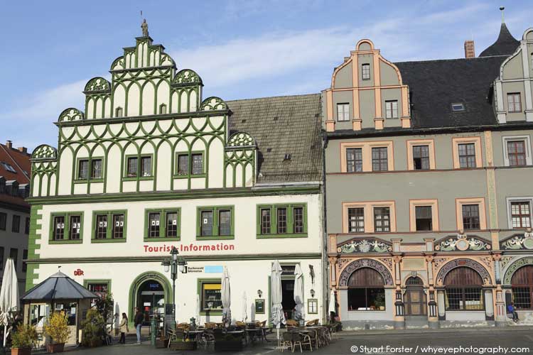 The Tourist Information office and former house of Lucas Cranach the Elder on the Market Place (Marktplatz) in Weimar, Germany.