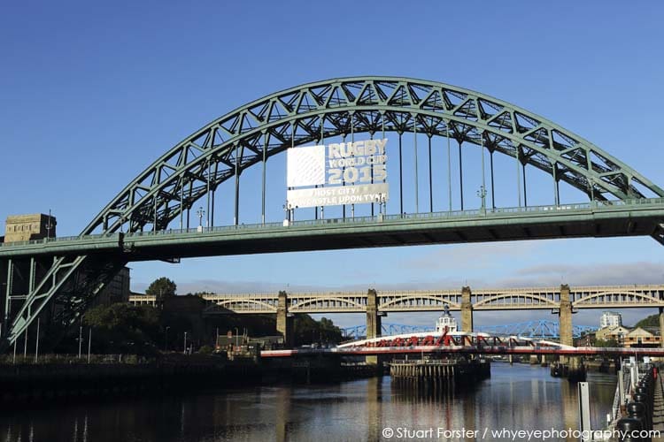 A sign announces the Rugby World Cup 2015 on the Tyne Bridge in Newcastle-upon-Tyne, England