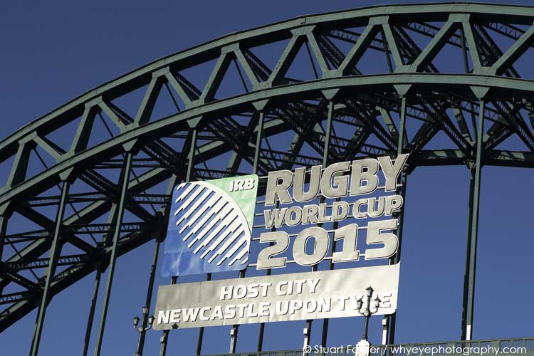 A sign announces the Rugby World Cup 2015 on the Tyne Bridge in Newcastle-upon-Tyne, England.