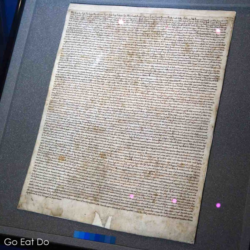 A version of the Magna Carta manuscript from 1215 at Salisbury Cathedral.