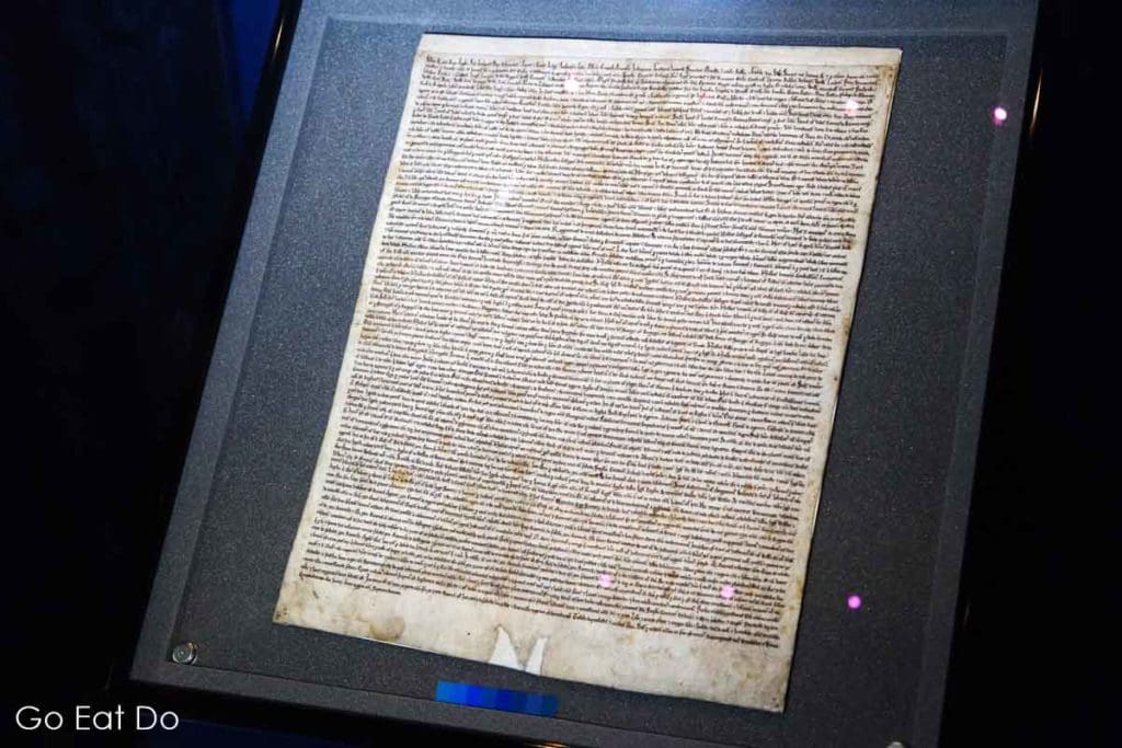 Magna Carta displayed at Salisbury Cathedral in Wiltshire, England.