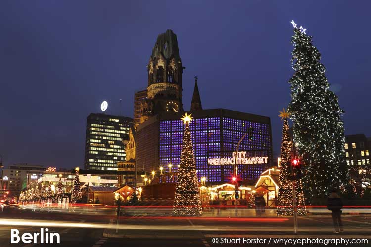 Lights streaks by the City Weihnachtsmarkt am Gedachtniskirche Christmas market on Ku'damm in Berlin, Germany