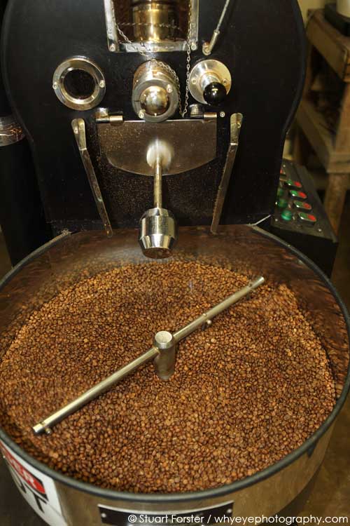 Maple coffee beans roasting at Acadian Maple Products in Nova Scotia, Canada