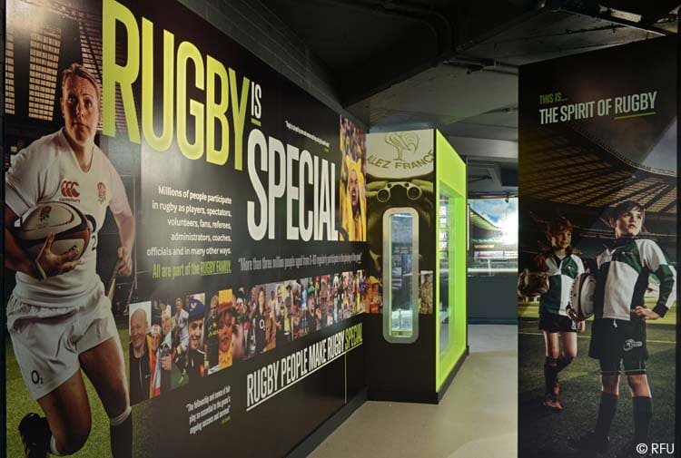 Display at the World Rugby Museum at Twickenham Stadium in London, England