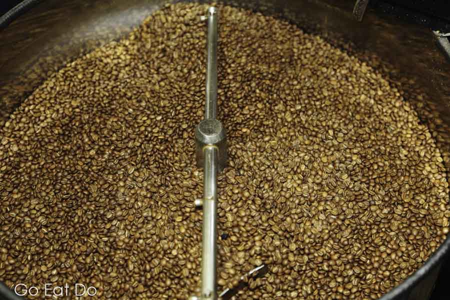Coffee beans being roasted at Acadian Maple Products in Nova Scotia, Canada
