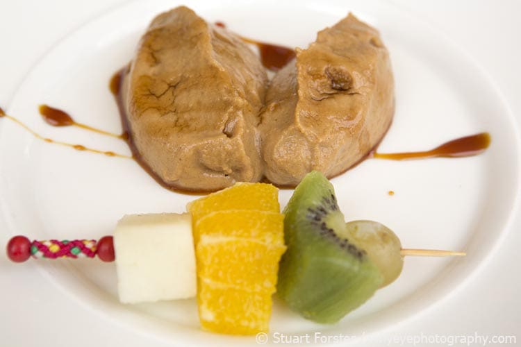 Gofio served and fresh fruit served as a dessert in Tenerife, Spain