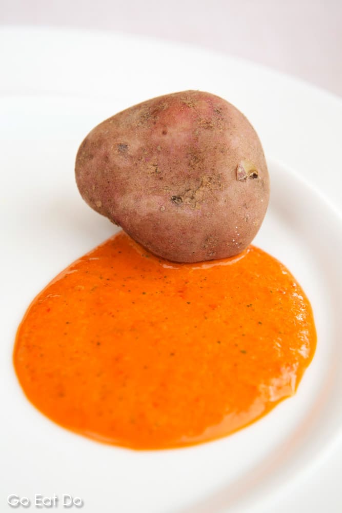 Potato (papas arrugadas) and mojo rojo served at one of the top Costa Adeje restauarants in Tenerife