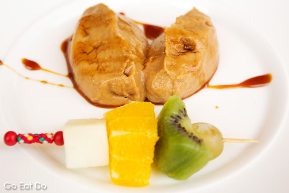 Traditional Canarian dessert of gofio and fresh fruit served in Tenerife