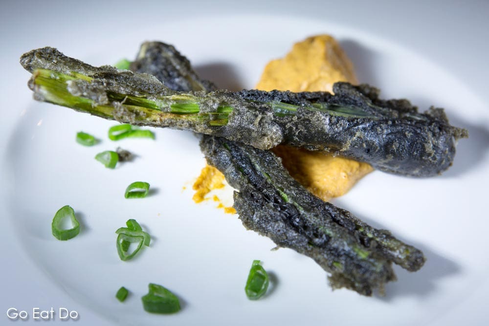 Aubergine Spring onion served in grilled tempura and romescu served at one of the best restaurants in Tenerife