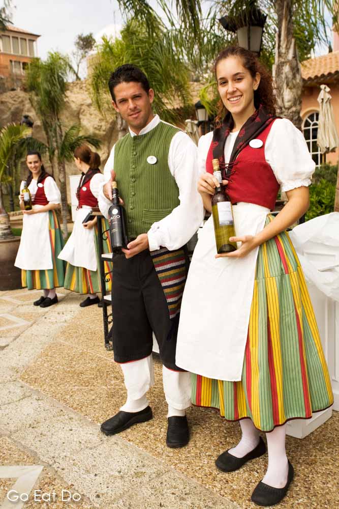 Hotel staff wear traditional Tenerifian costumes at the five star Bahia del Duque Hotel on the island of Tenerife
