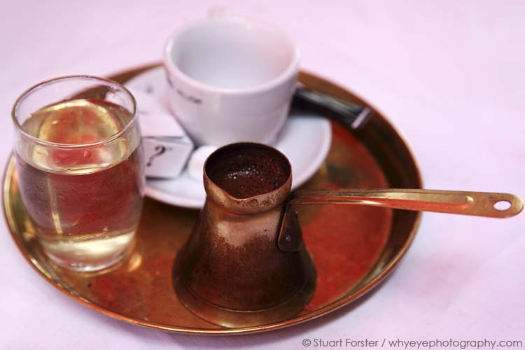 Traditional domestic coffee served at the Znak Pitanja restaurant in Belgrade, Serbia. 