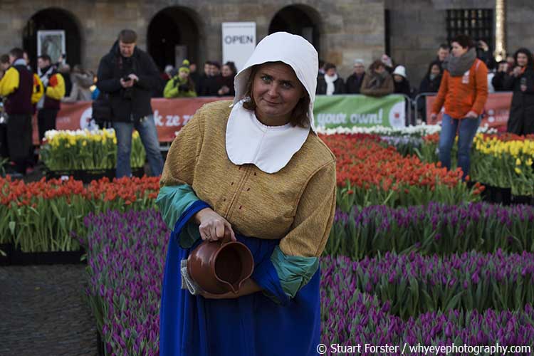 A woman wears the costume of Vermeer's 'The Milkmaid' on National Tulip Day.