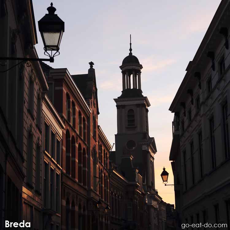 Tower of St Anthony's Church (Antoniuskerk) on an evening in Breda, the Netherlands