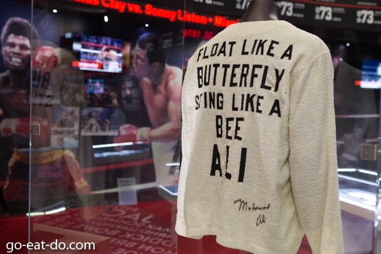 "Float like a butterfly Sting Like a Beer" jacket signed by Mohammed Ali in the exhibition at the O2 in London, England