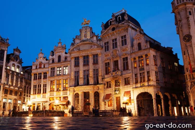 Dusk on the Grand Place in Brussels, Belgium.