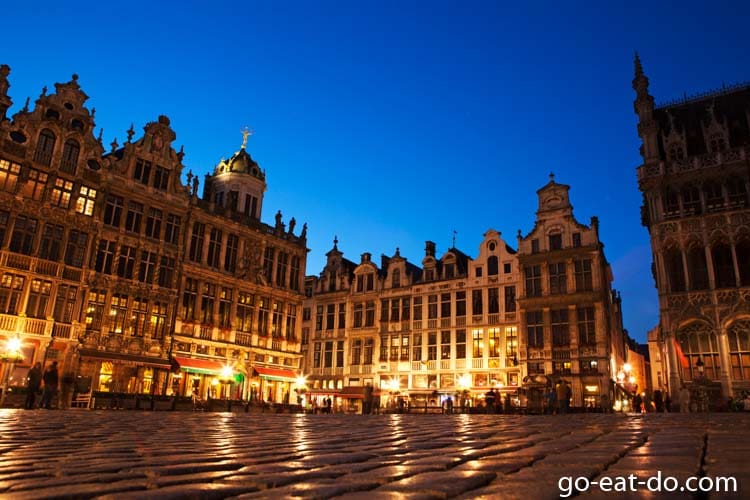Buildings illuminated at night on the Grand Place in Brussels, Belgium