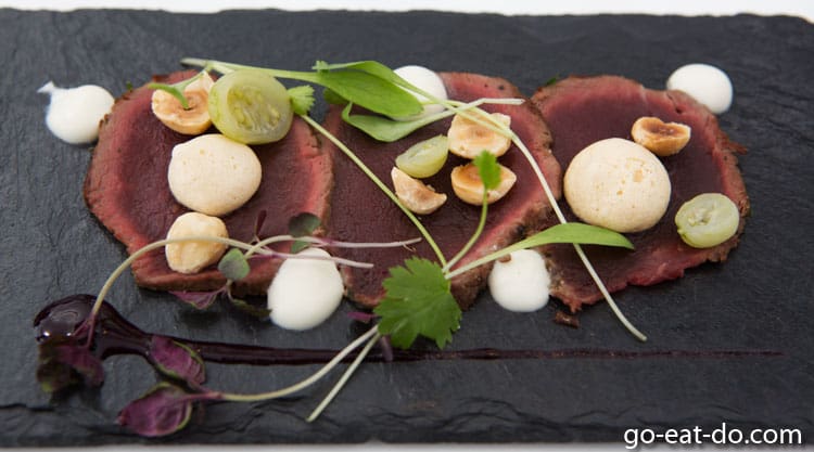 Carpaccio of roe deer served during lunch at Dine on the Tyne in Gateshead, England
