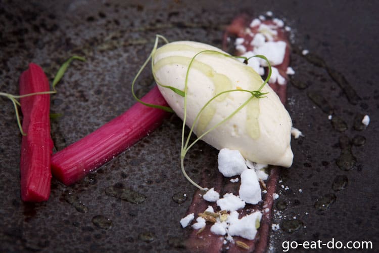 Rhubarb and ice cream served as dessert during lunch at Dine on the Tyne in Gateshead, England