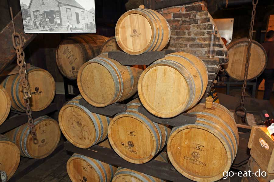 Wooden barrels at the Ironworks Distillery in Lunenburg, Nova Scotia, Canada
