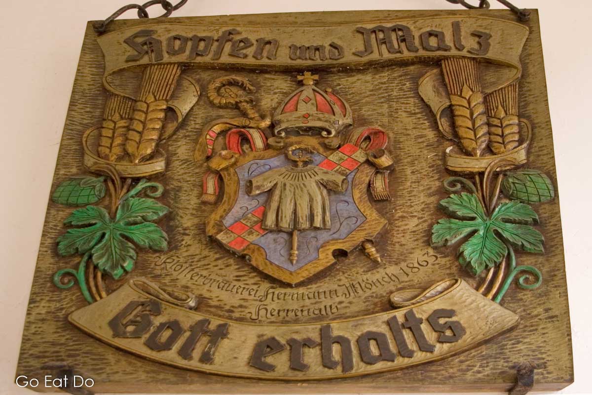A sign mentioning hops and malt, two of the key ingredients of the German purity law based on the Reinheitsgebot of 1516.