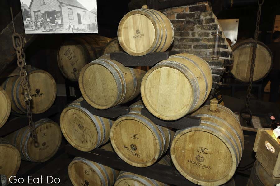 Barrels of distilled spirits at the Ironworks Distillery in Nova Scotia, Canada, visiting is one of the top things to do in Lunenburg.