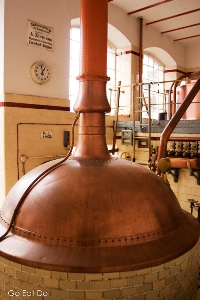 Copper mash tun used to brew beer according to the German beer purity law based on the Reinheitsgebot of 1516.