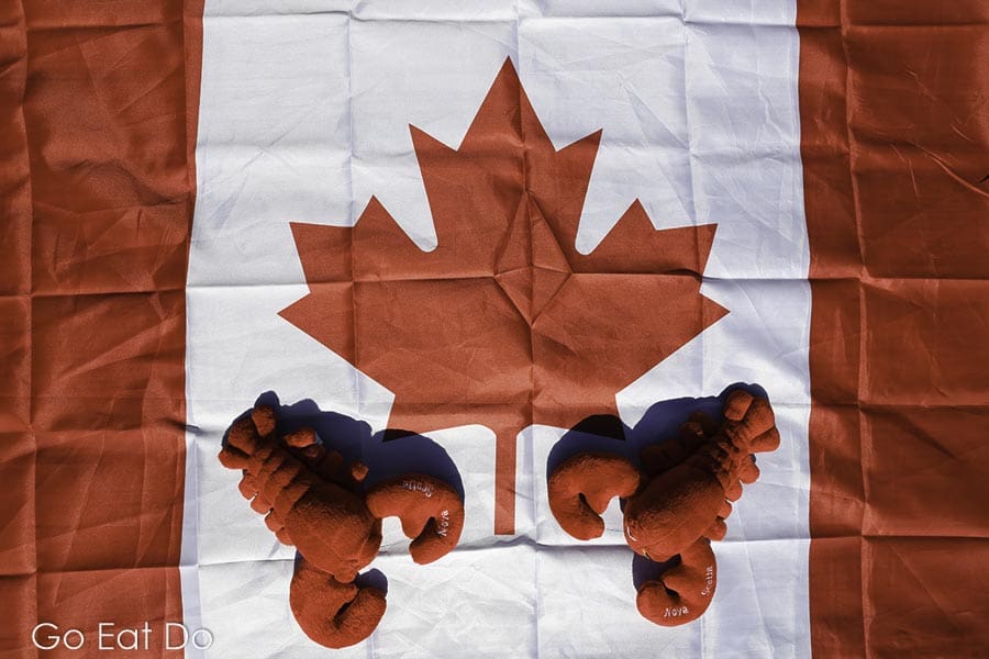 Soft toy lobsters on a Canadian flag