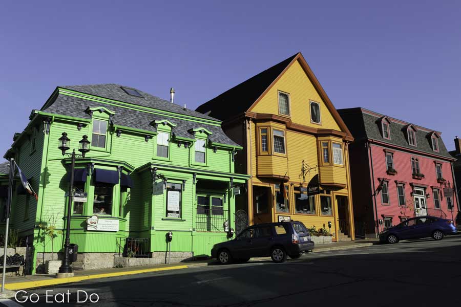 Colourful buildings, nicknamed the UNESCO Fresco, on King Street in Lunenburg in Nova Scotia, Canada
