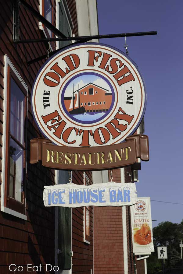 Sign for the Old Fish Factory restaurant and Ice House bar in Lunenburg in Nova Scotia, Canada