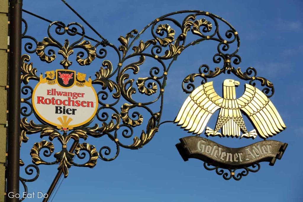 Sign for an establishment in Ellwangen in Baden-Württemberg that serves beer brewed according to the German beer purity law.