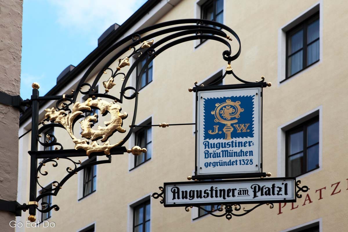 Sign for the Augustiner am Platzl pub in Munich, where you can try beers made in accordance with the current German beer law.