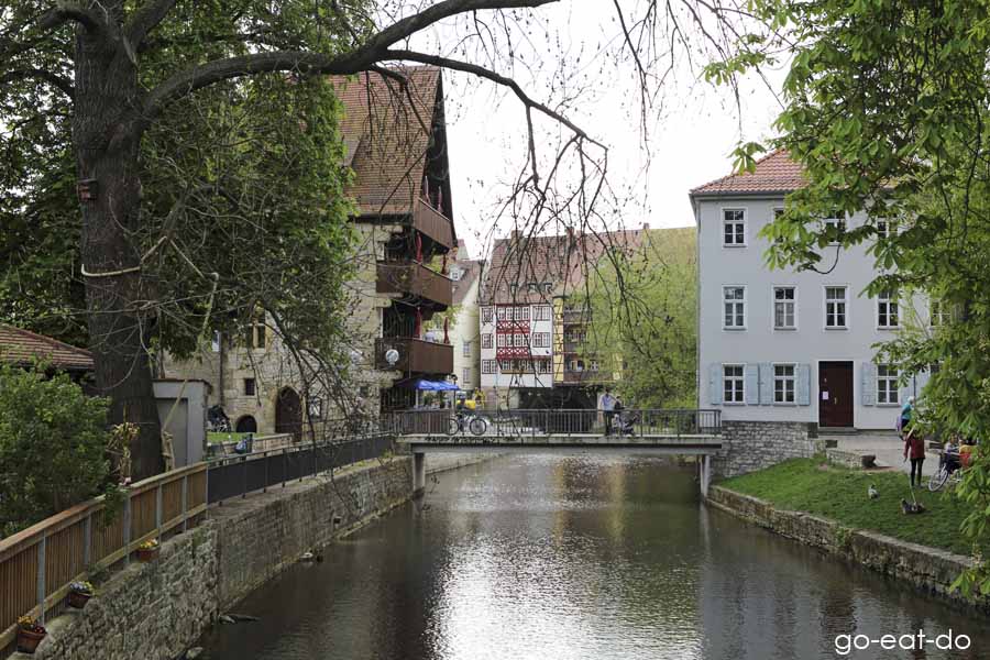 The River Gera runs through the centre of Erfurt, Germany.
