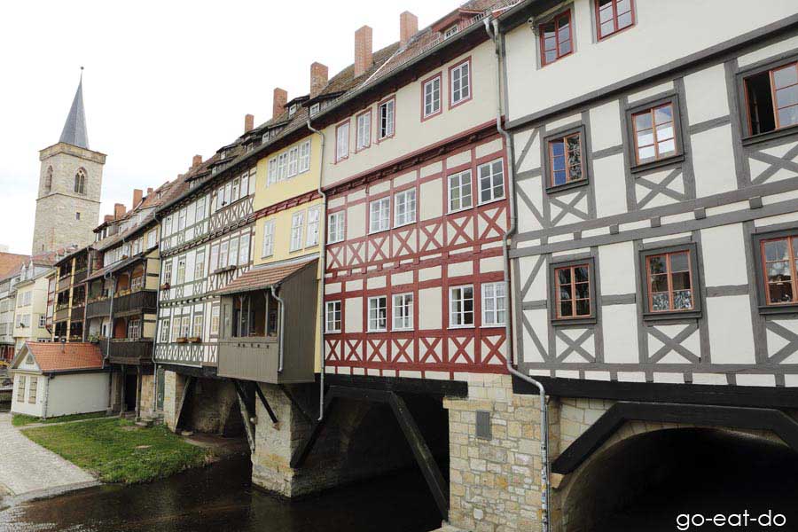 Half-timbered buildings on the Kraemerbruecke (Merchants' Bridge) in Erfurt, Germany