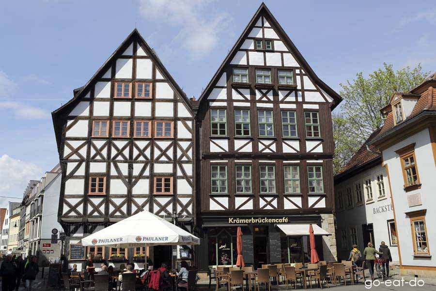 Half-timbered buildings near the Kraemerbruecke (Merchants' Bridge) in Erfurt, Germany.
