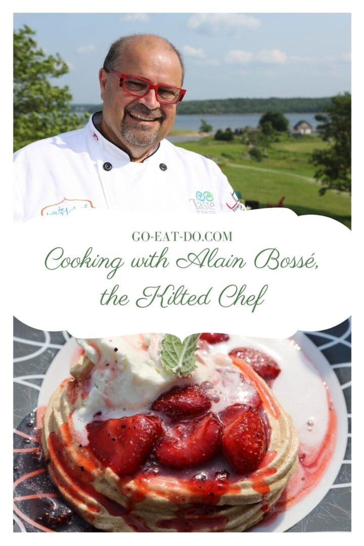 Pinterest pin for the Go Eat Do blog post about cooking with Alain Bossé, the Kilted Chef