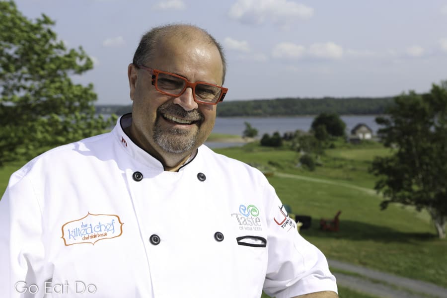 Chef Alain Bossé, the Kilted Chef, on the deck of his home at Pictou in Nova Scotia, Canada