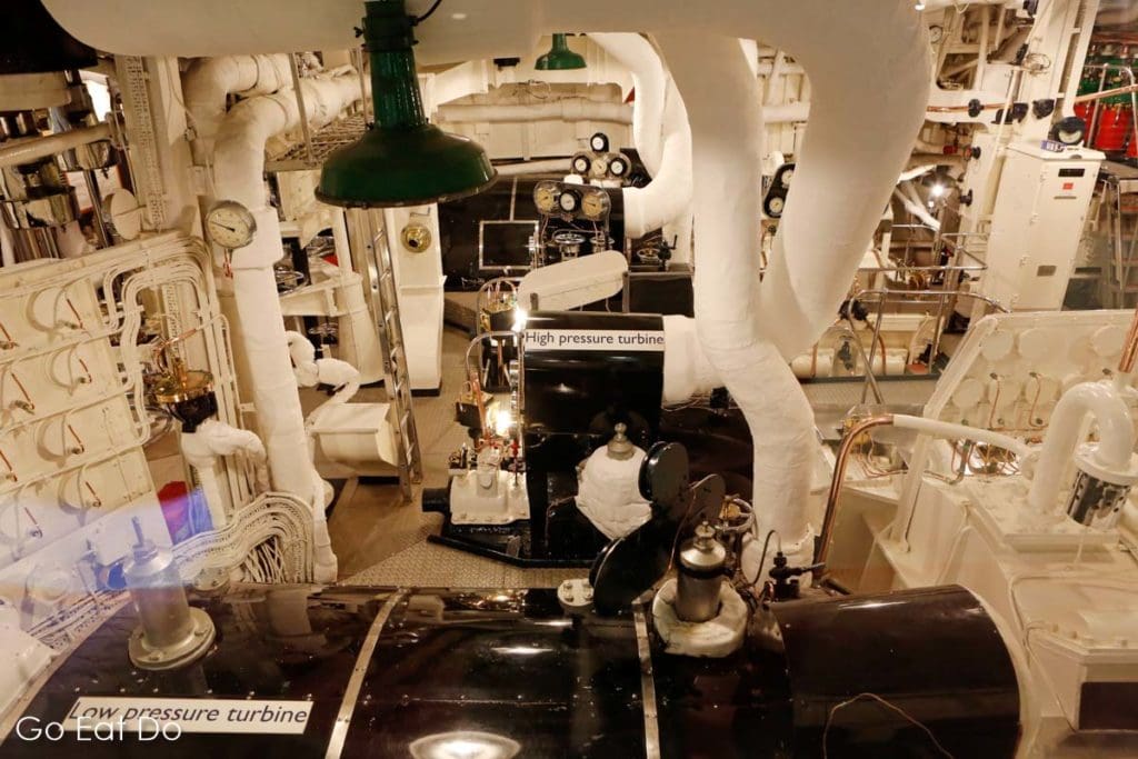 The beautifully maintained engine room of the Royal Yacht Britannia