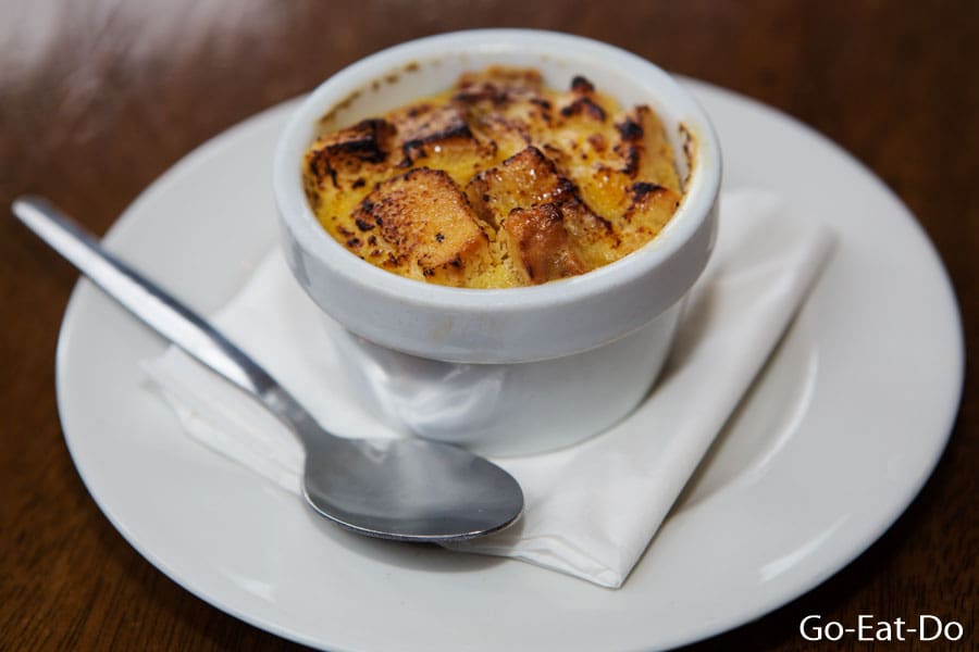 Bread and butter pudding served in London, England