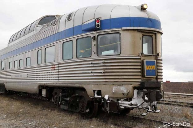 Metallic Via Rail train carriage with a panoramic roof in Churchill, Manitoba, Canada
