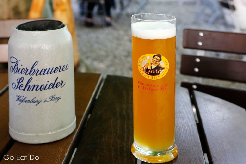 A traditional German steinkrug and a glass of gose beer from Saxony, Germany.