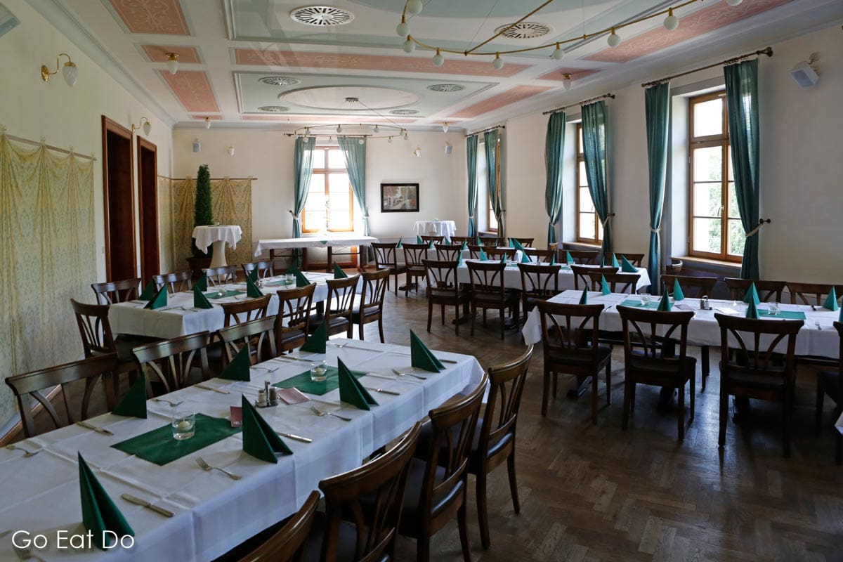 Dining room in the Gasthaus & Gosebrauerei Bayerischer Bahnhof within one of the world's oldest railway terminuses.