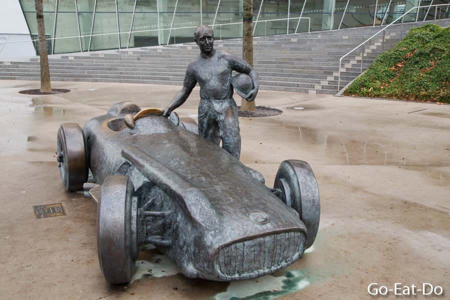 Statue of racing driver Juan Manuel Fangio outside of the Mercedes-Benz Museum in Stuttgart, Germany