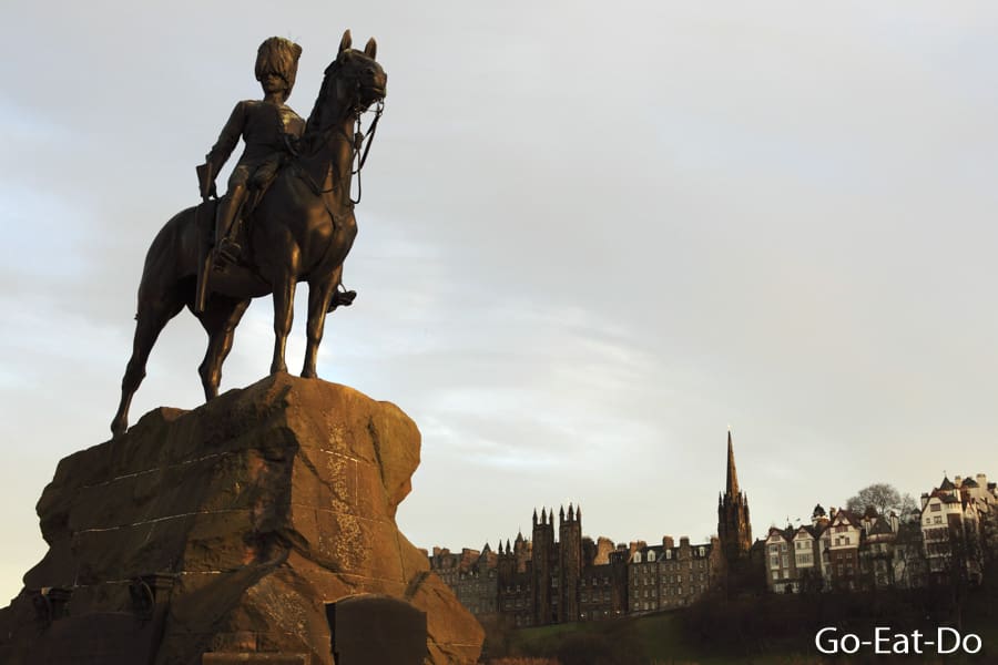 Equine statue memorial in honour of the Royal Scots Greys Regiment by Princes Street Gardens in Edinburgh, Scotland