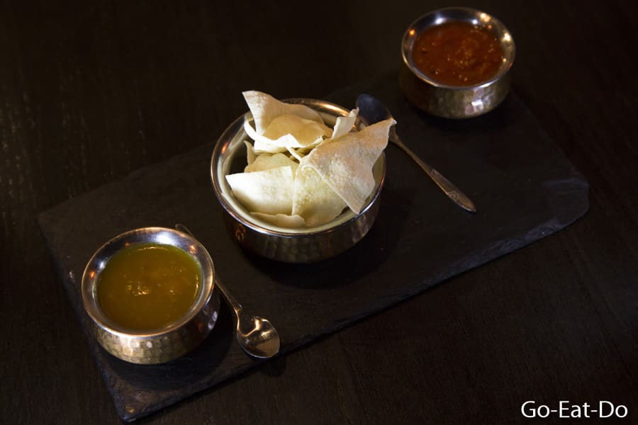 Poppodoms and dipping sauce served at The Mint Room in Bristol, England