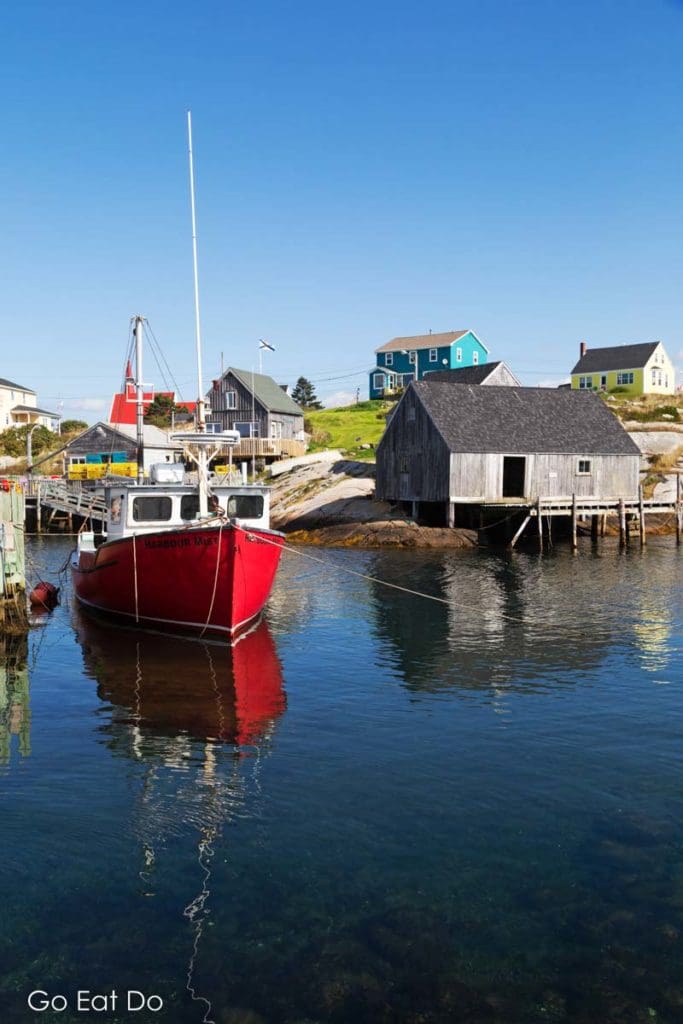 A fishing boat docked in Peggy's Cove in Nova Scotia, Canada.