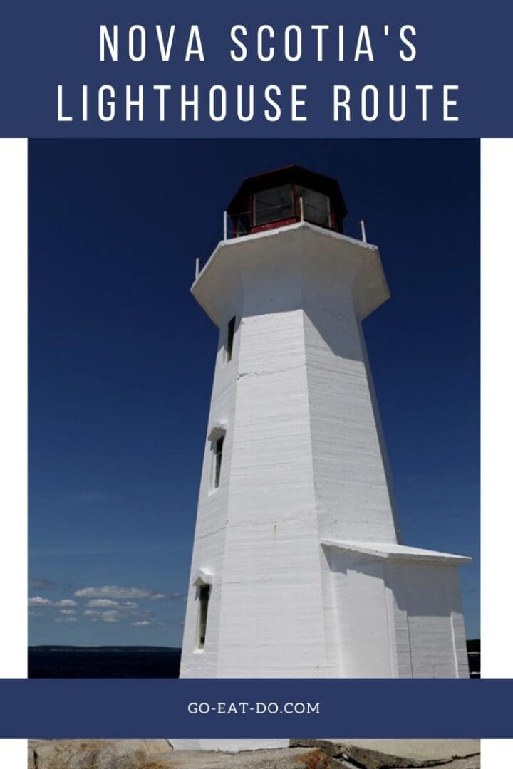 Pinterest pin to Go Eat Do's blog post for Novia Scotia's lighthouse route. A Novia Scotia lighthouse picture
