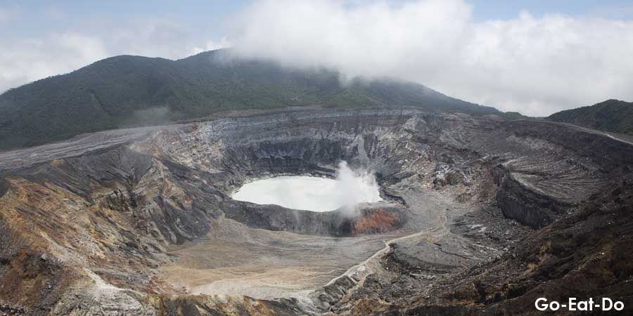 The crater of Poas Volcano in Poas Volcano National Park, Costa Rica. 