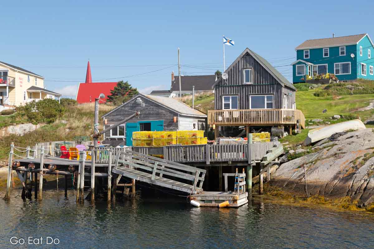 Waterfront buildings in the rustic fishing village of Peggy's Cove in Nova Scotia