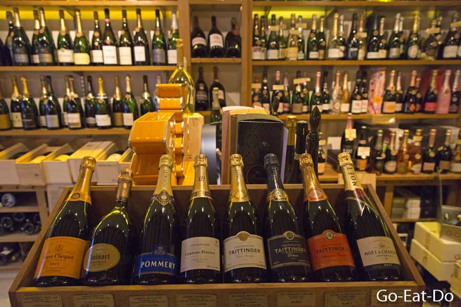 Bottles of Champagne for sale in Reims, France